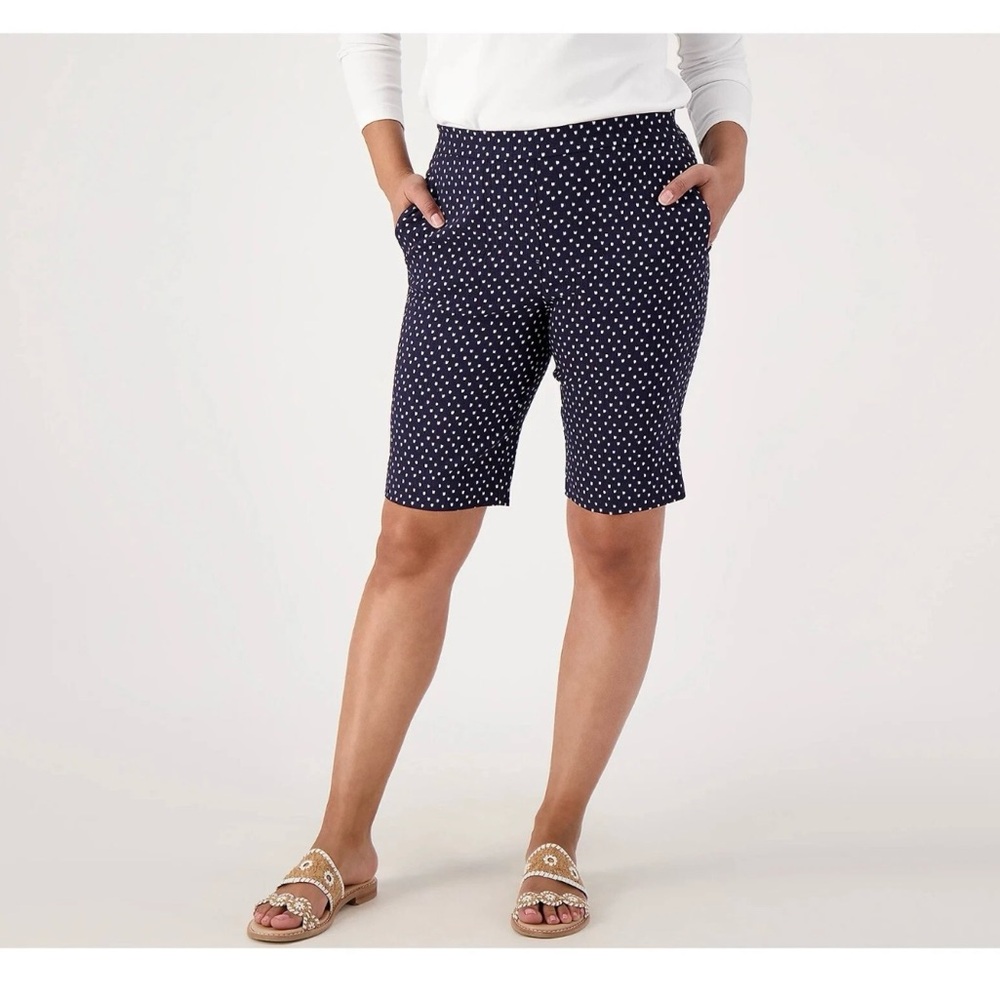 Susan Graver Printed Textured Stretch Woven Pull On Shorts Navy Women’s NWT